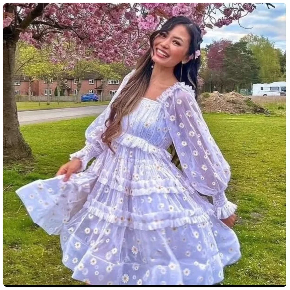 Lace & Beads Tulle Daisy Tiered Mini Dress - Picture 3 of 14